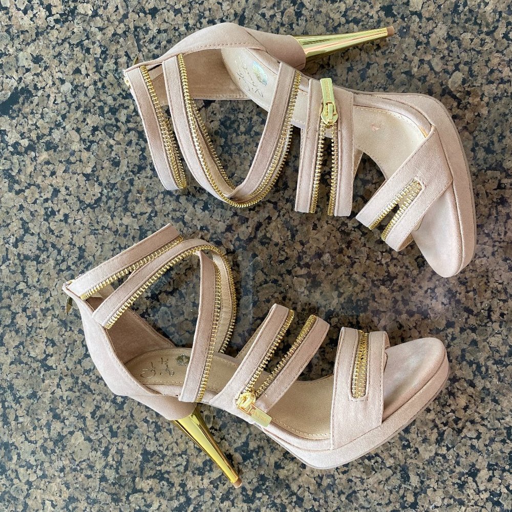Colin Stuart Victorias Secret Sandal Heels Tan 8M Zipper Gold New